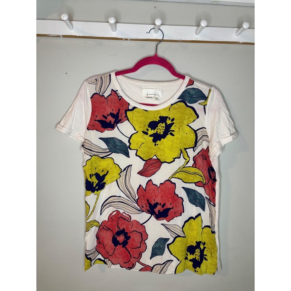 Anthropologie Floral‎ Mixed Media Tee Shirt White Yellow Red Small